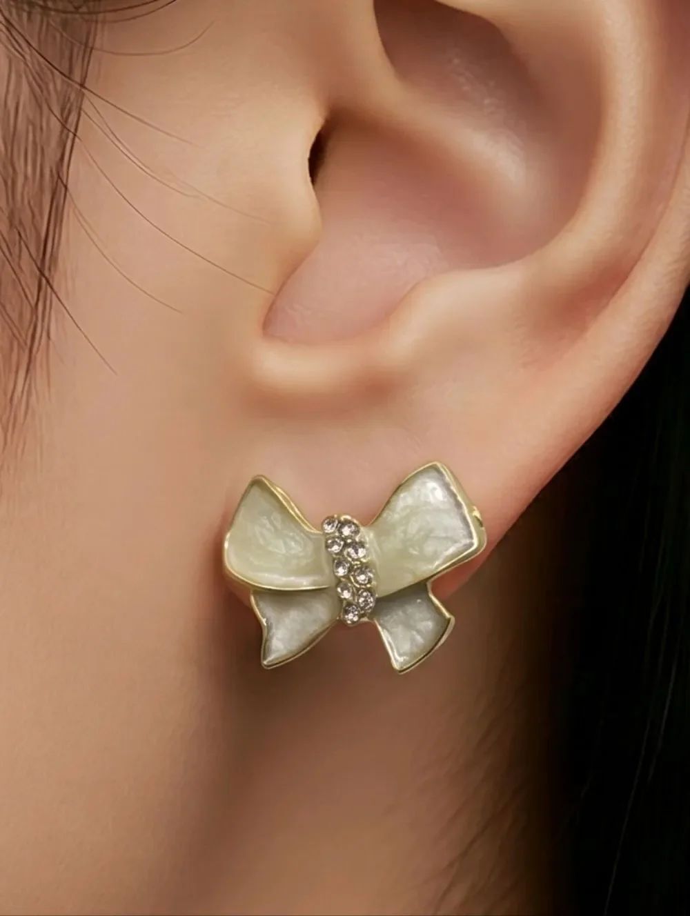 Gold Bow Stud Earrings Ivory Moiré Rhinestone Dainty Cute Coquette Bride Jewelry